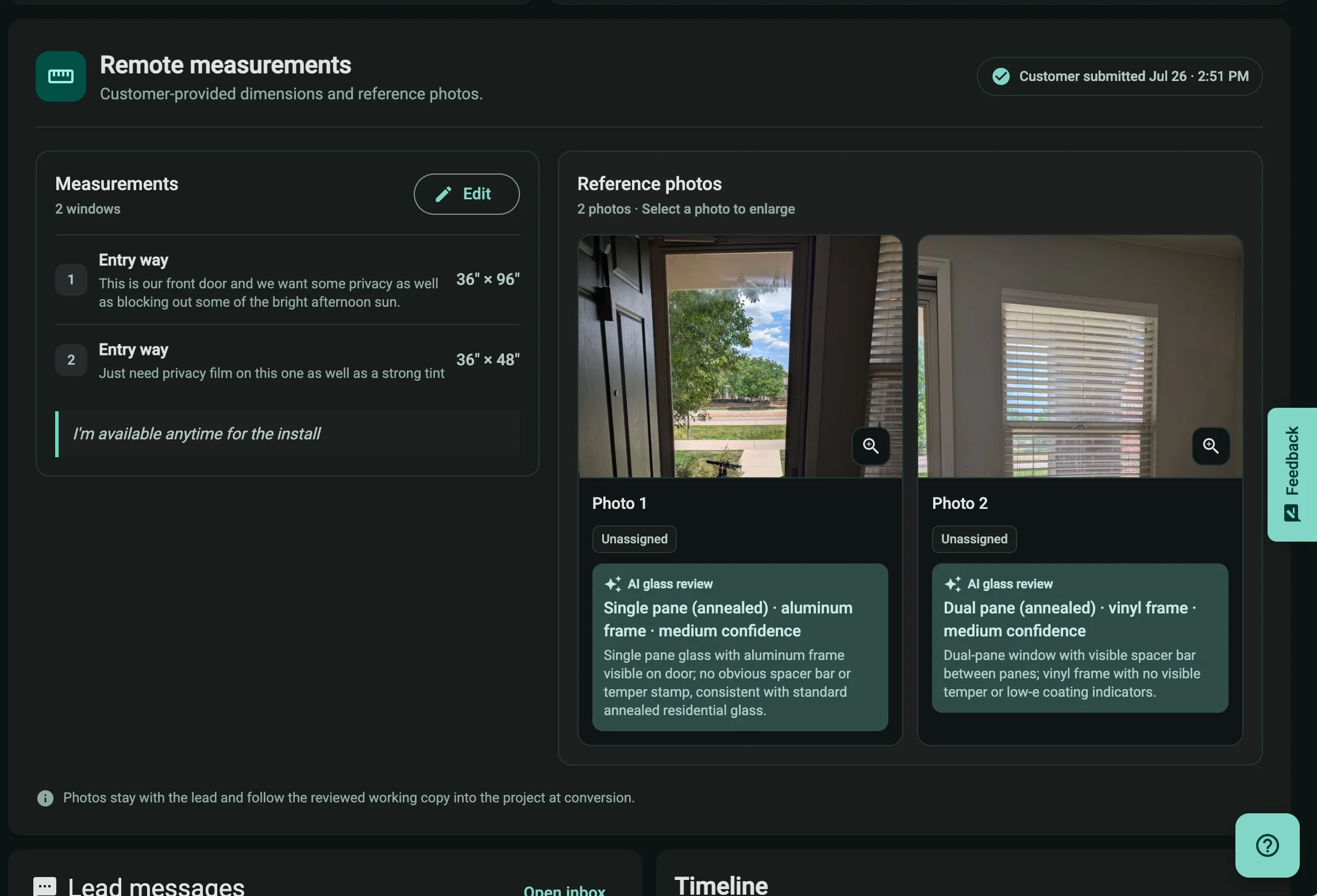 Tint Manager remote measurements with two window dimensions, customer notes, reference photos, and AI glass-review suggestions marked medium confidence.
